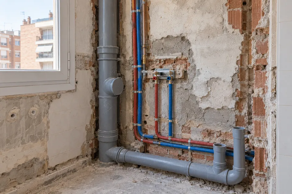 Tuberías nuevas de fontanería y desagüe durante la reforma de un baño