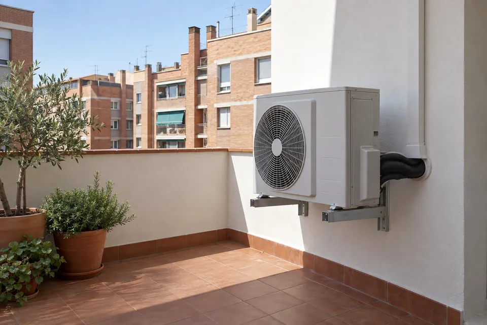 Unidad exterior de aerotermia en la terraza trasera de un piso