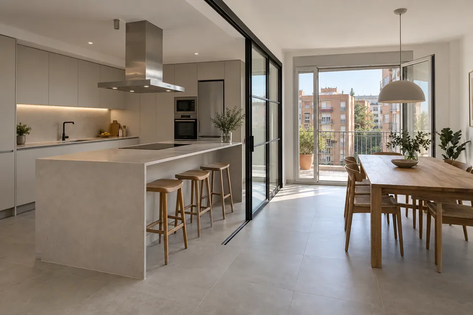 Cocina abierta con península, campana de techo y cerramiento de vidrio corredero
