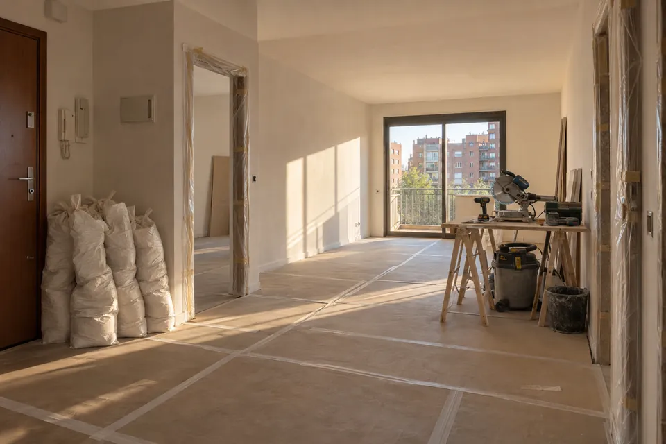 Obra de reforma ordenada en un piso, con suelos protegidos y herramientas recogidas