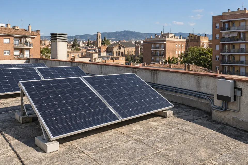 Placas solares fotovoltaicas en la azotea de un bloque de pisos