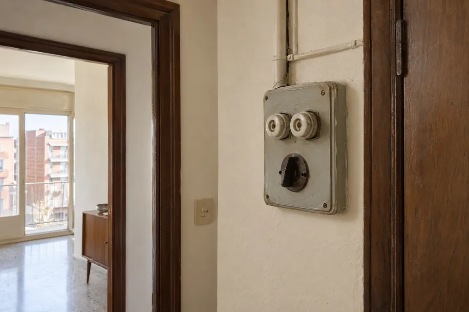 Cuadro eléctrico antiguo con fusibles de porcelana en la entrada de un piso de los años 70