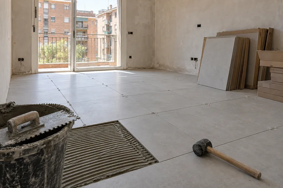 Suelo porcelánico a medio colocar en el salón de un piso en reforma
