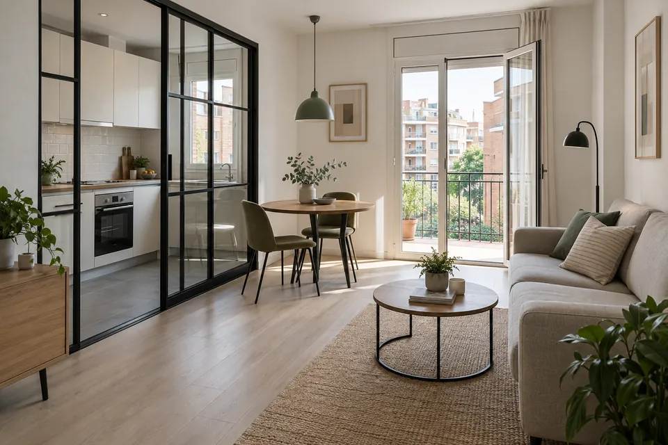 Piso pequeño reformado con la cocina separada del salón por una corredera de vidrio