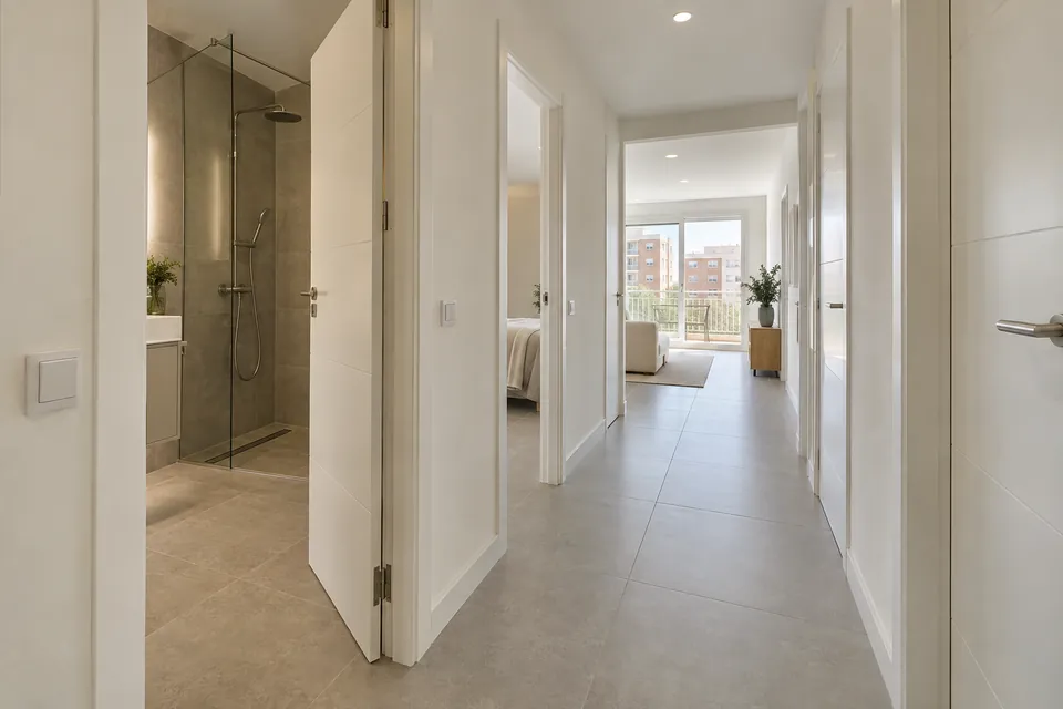 Pasillo de un piso de unos 70 m² recién reformado, con suelo porcelánico y puertas nuevas
