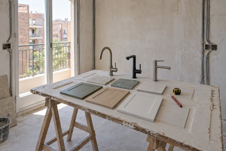 Grifos, azulejos y frentes de cocina alineados para comparar calidades en un piso en obras