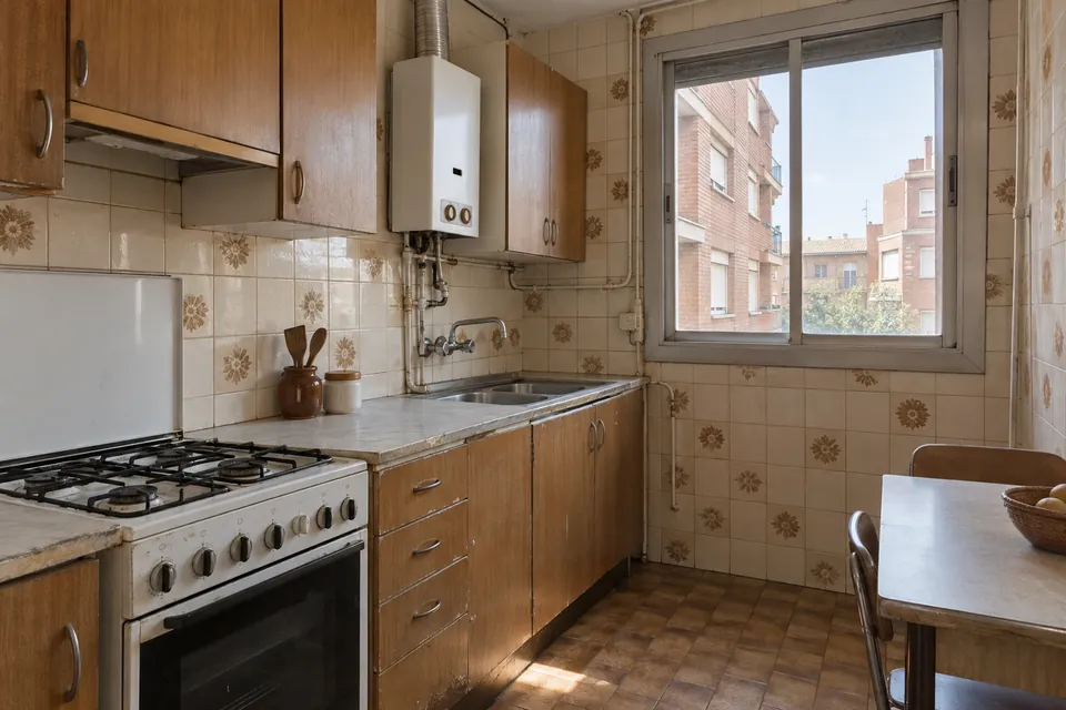Cocina sin reformar de un piso de los años 70, con calentador de gas y azulejos antiguos