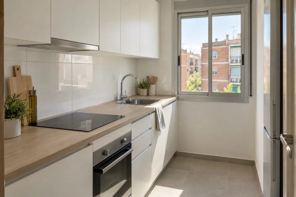 Cocina sencilla recién reformada con muebles blancos y encimera de efecto madera