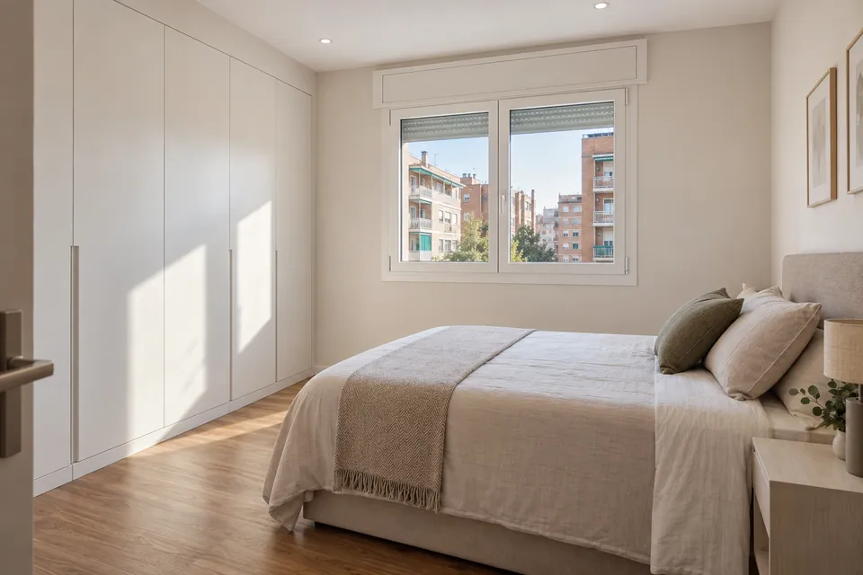 Dormitorio reformado con ventana de PVC nueva, armario empotrado y suelo laminado