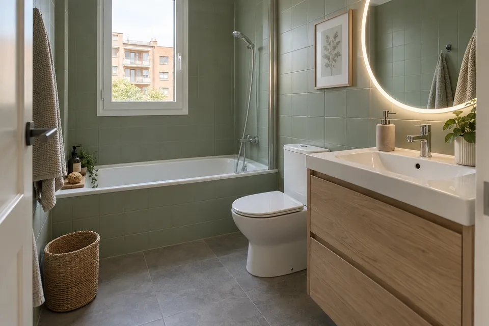 Baño con los azulejos pintados y suelo vinílico colocado sobre el antiguo