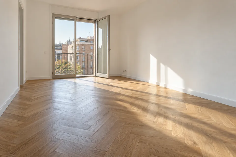 Salón vacío con suelo nuevo de parquet de roble en espiga