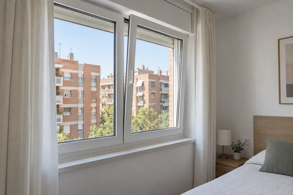 Ventana oscilobatiente de PVC blanco con doble vidrio en un dormitorio reformado