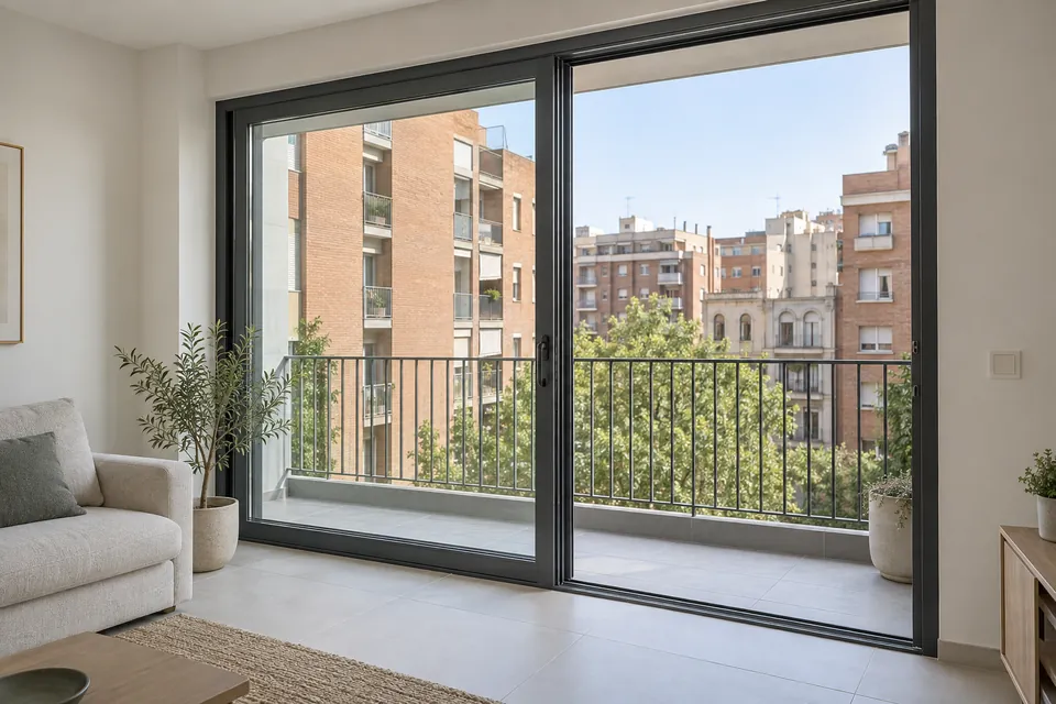 Balconera corredera de aluminio gris con perfiles finos y doble vidrio