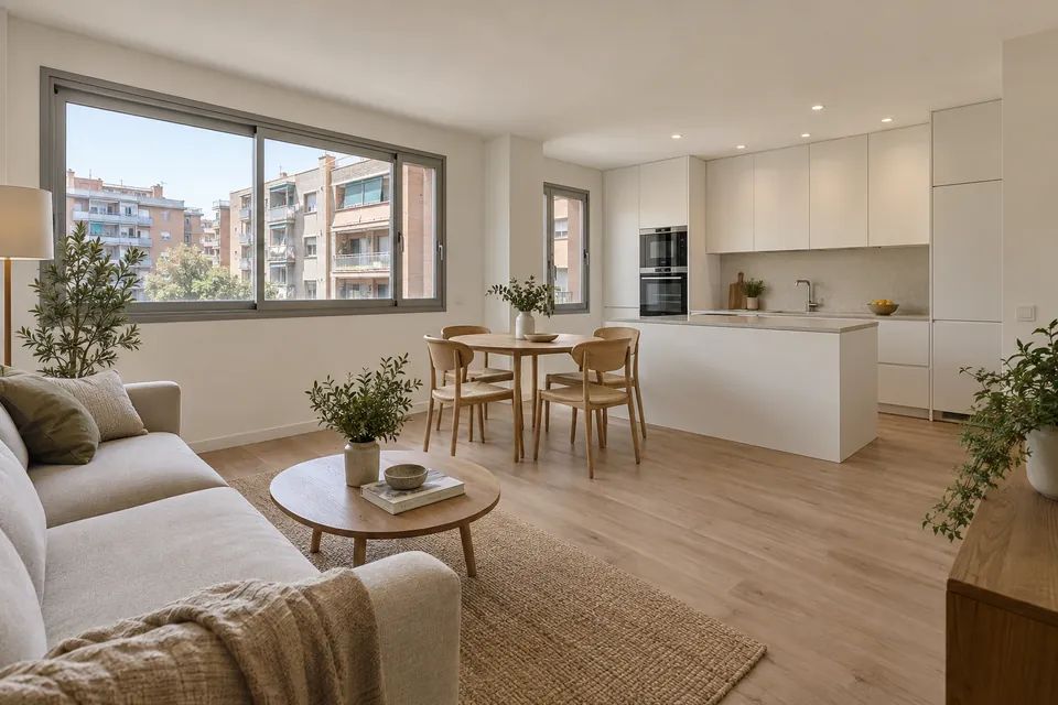 Salón y cocina abiertos en un piso reformado de Sabadell