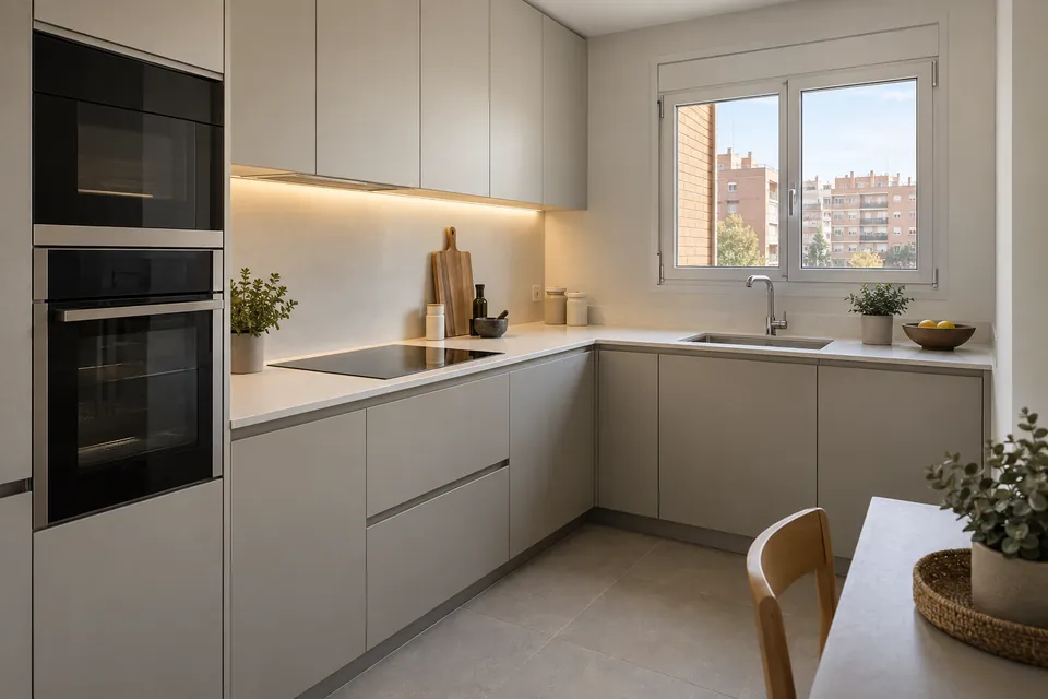 Cocina reformada en L con encimera de cuarzo y placa de inducción