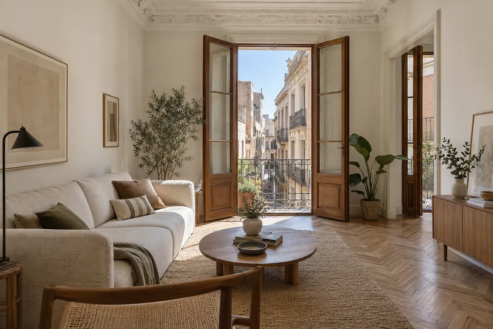 Salón reformado en una finca antigua, con techo alto, moldura restaurada y balcón de hierro