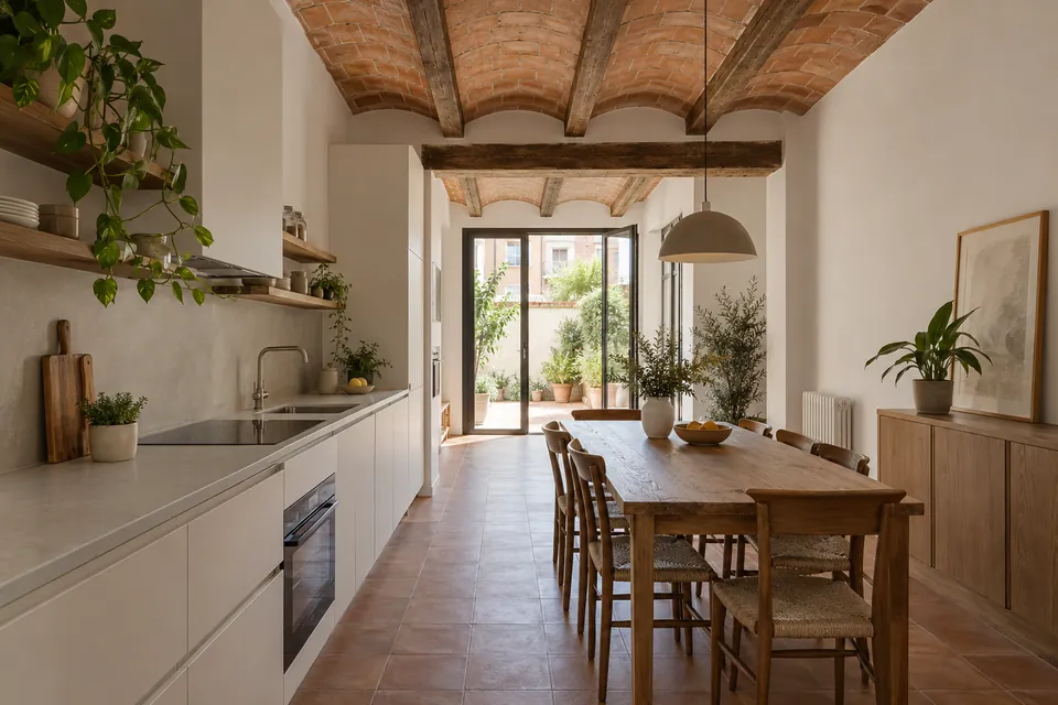 Planta baja de una casa estrecha reformada, con bóveda catalana y salida al patio