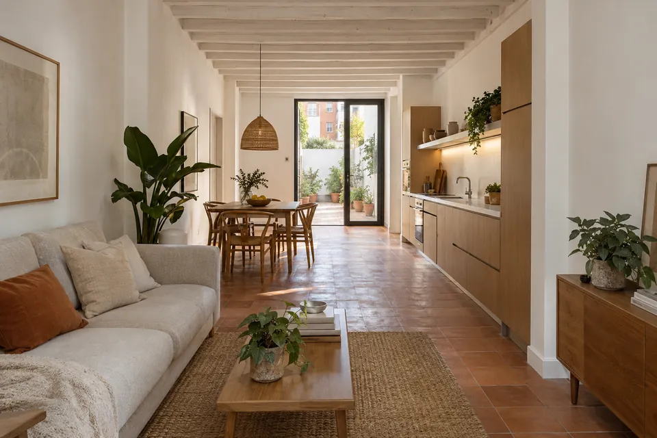 Planta baja reformada de una casa adosada antigua, con vigas vistas y salida a un pequeño patio